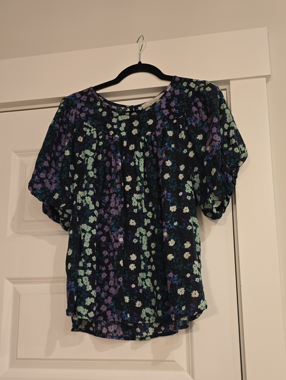LOFT Black Floral Puff-Sleeve Blouse with Purple & Mint